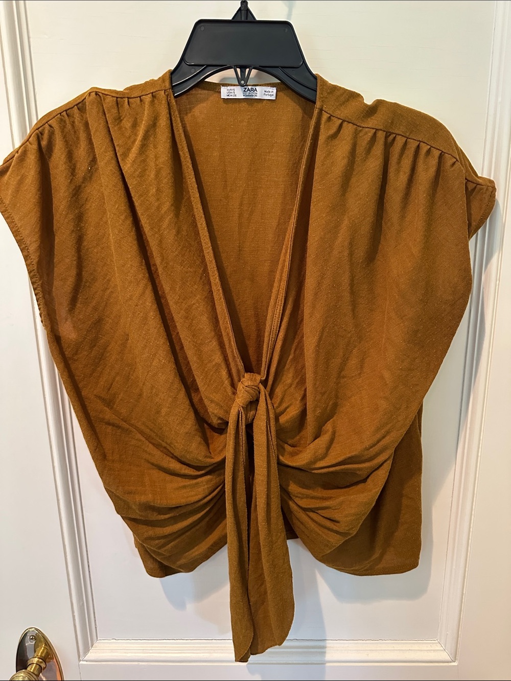 Zara Rust Brown Tie-Front Short Sleeve Blouse SZ S
